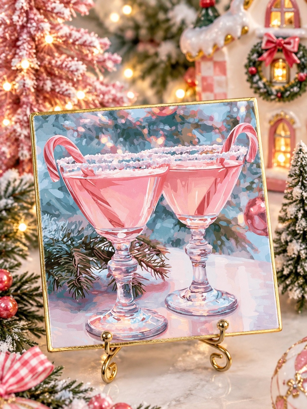 Candy Cane Cocktails Ceramic Coaster Stone 4”